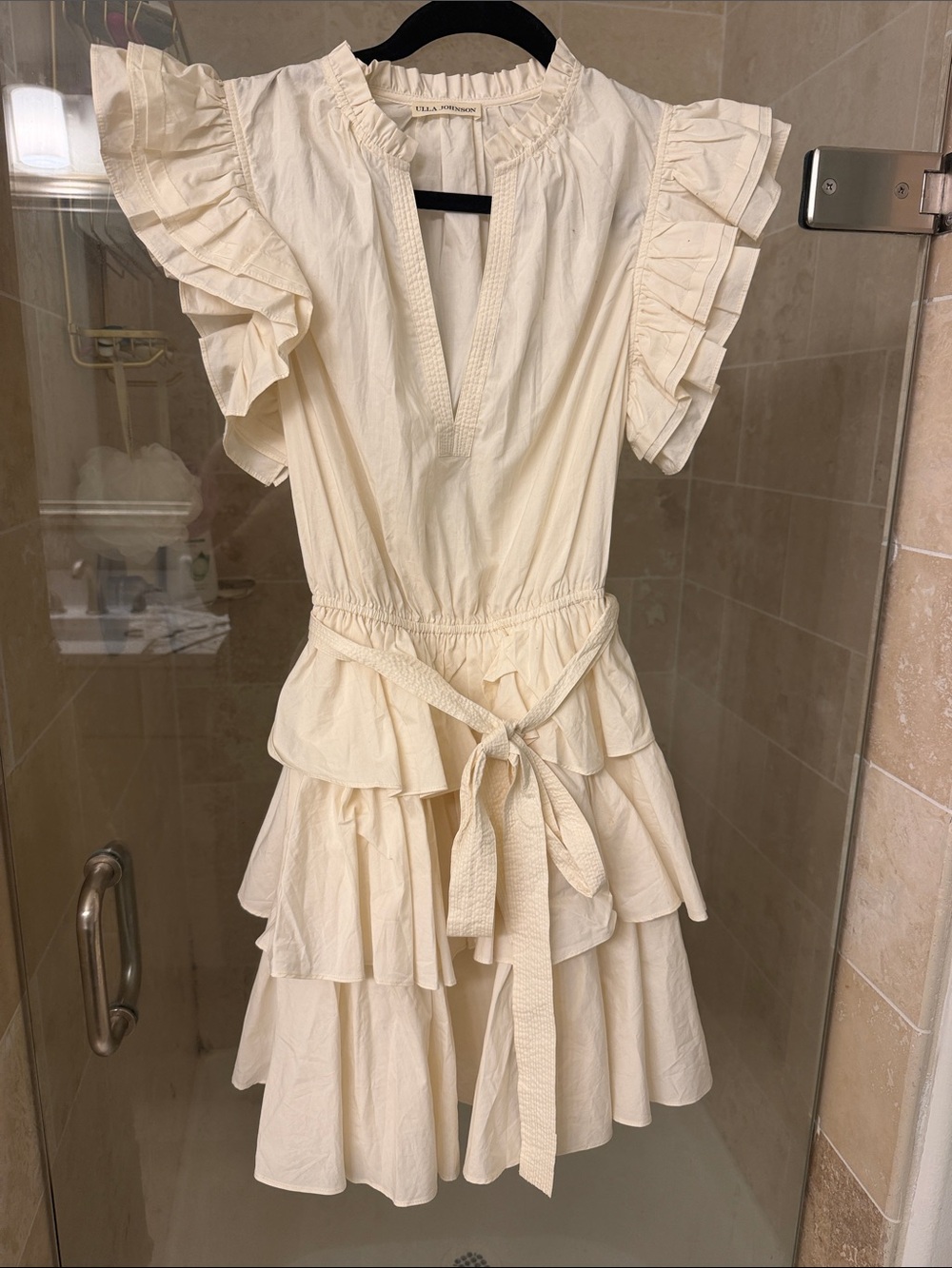 Ulla Johnson Cream Ruffled Tiered Mini Dress with Waist Tie